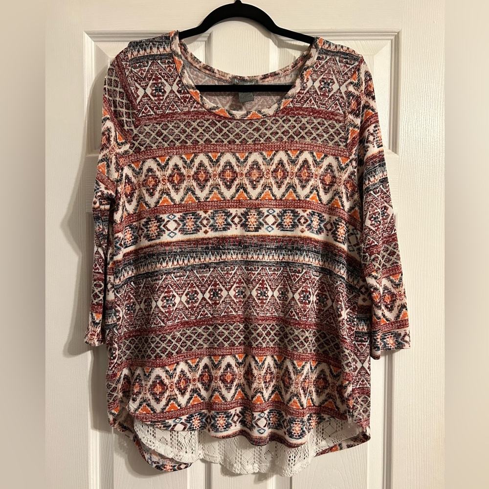 New Direction Weekend blouse with split back and lace details. Comfortable.